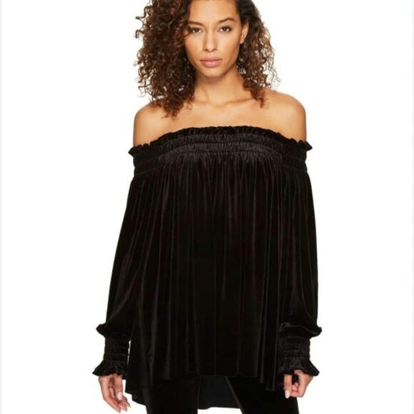 Norma Kamali Velvet Off-Shoulder Peasant Top, S Black slouchy oversized tunic - Picture 1 of 10
